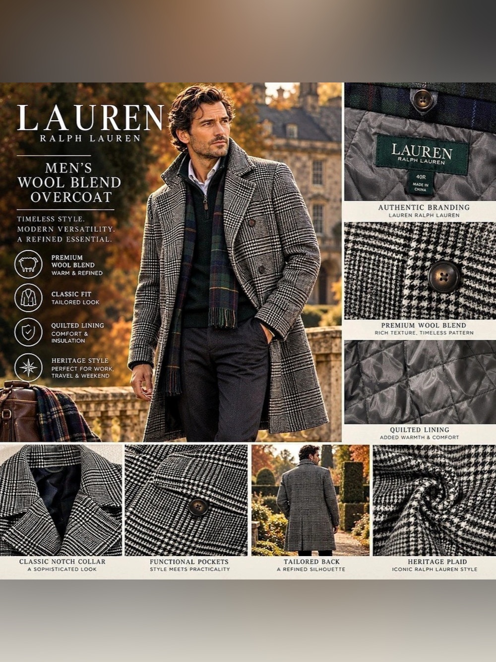 Lauren Ralph Lauren Men’s 40R Wool Herringbone Plaid Overcoat Quilted Heritage
